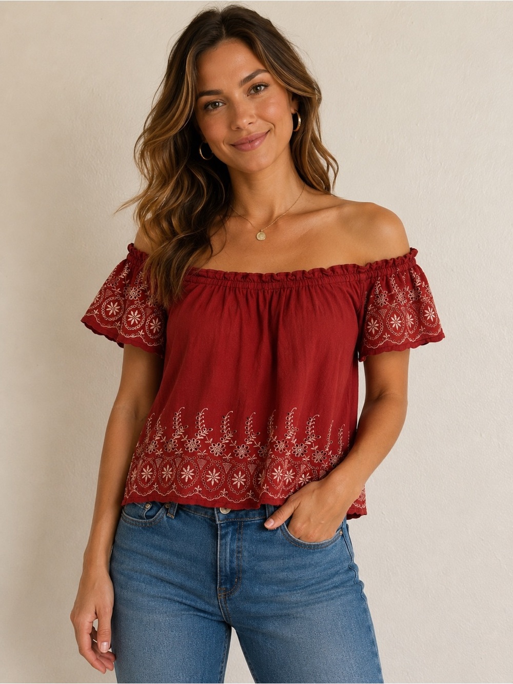 Embroidered Off-Shoulder Crop Top in Burgundy